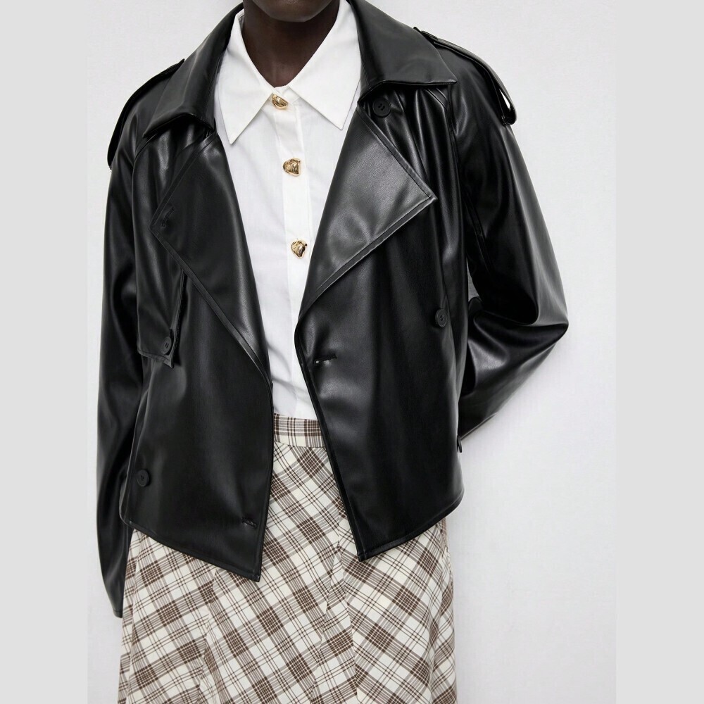 Black Faux Leather Cropped Trench Coat Jacket with Notch Collar